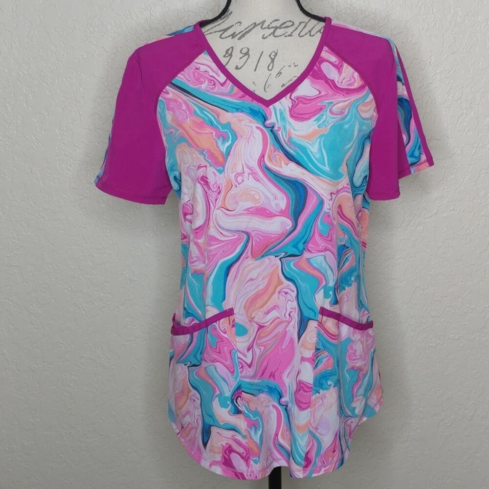 Scrub Star Multicolored Psychedelic Print Medical Nursing Scrub Top Size S